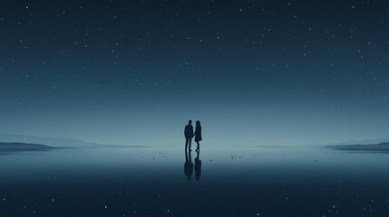 Obraz premium Silhouette Couple Starry Night Lake Reflection