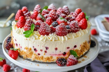 Delicious no bake cheesecake decorated with fresh berries and whipped cream