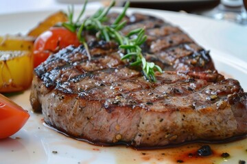 Grilled beef steak with rosemary and roasted vegetables on white plate