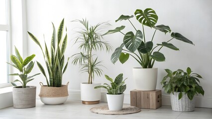 Fototapeta premium Group of assorted houseplants in white pots on a table