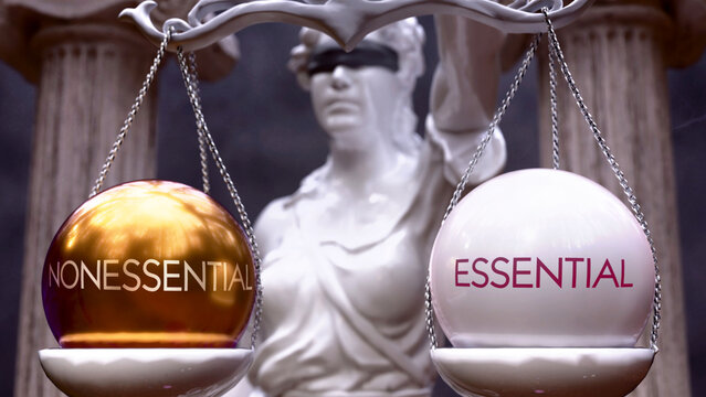 Nonessential or Essential as a choice, two options to choose from. Greek statue presenting two alternatives: nonessential or essential, weighing their values. ,3d illustration