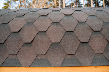 This image showcases a detailed closeup view of a roof that is adorned with unique hexagonal tiles,...