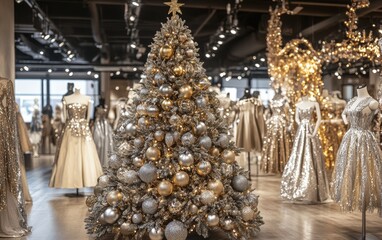 Fashion Boutique A glamorous Christmas tree with sparkling silver and gold ornaments, standing in a high-end fashion boutique surrounded by mannequins dressed in holiday outfits