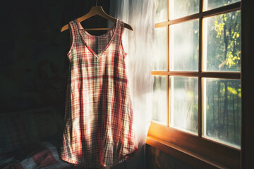 Red Plaid Flannel Nightgown: Soft Window Light Photography