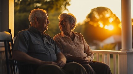 Elderly couple sitting on porch swing at sunset, enjoying their retirement.
