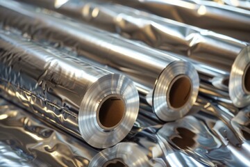 Naklejka premium Rolls of aluminum foil lying on top of each other creating reflections