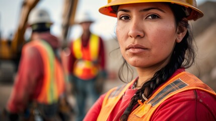 Naklejka premium A close-up shot Of a woman in a hard hat and Orange safety vest with a blurred construction site in the background.