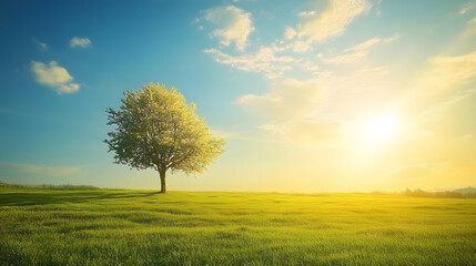 Fototapeta premium A lone tree stands on a lush green meadow under a warm, golden sunset, creating a serene and peaceful atmosphere..
