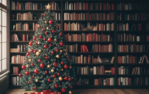 Library or Study Room A traditional Christmas tree with red and gold decorations, standing near a wall of bookshelves in a cozy modern library or study room - Powered by Adobe