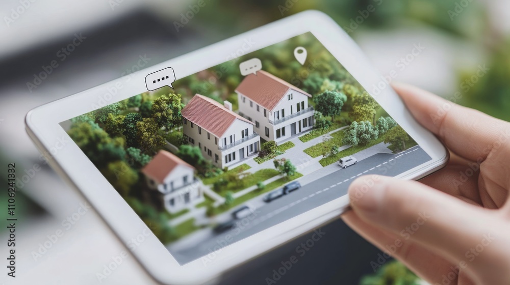 Poster a hand holds a tablet displaying a detailed augmented reality model of a residential area. the virtu