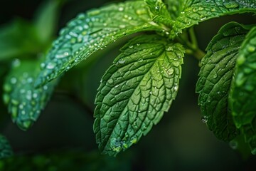 Fresh green mint leaves covered with sparkling water drops
