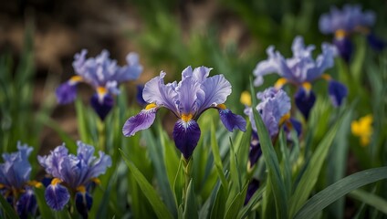 Hidden flowers among iris leaves.