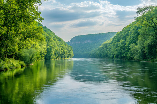 A calm river with lush green trees arching above the water. The tranquil atmosphere is like being in a dream