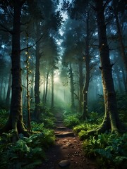Fototapeta premium High fantasy enchanted forest with sparkling trees and magical vibes.