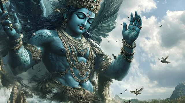 A majestic depiction of Garuda, a colossal avian deity in Hindu mythology, soaring above an ancient landscape.