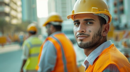 Fototapeta premium A young man in a yellow hard hat and Orange safety vest is shown standing on a construction site surrounded by other workers.