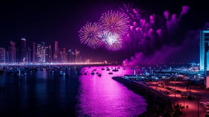 Colorful fireworks display over illuminated city skyline reflected in the water at night.