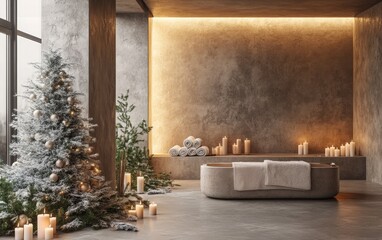 Luxury Spa Room A serene spa-like interior with a frosted Christmas tree, candles, and holiday greenery for a calm, luxurious vibe