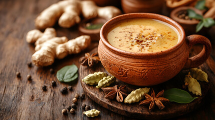 A Mesmerizing Representation of Traditional Indian Ginger Tea with Spices and Rustic Ambience