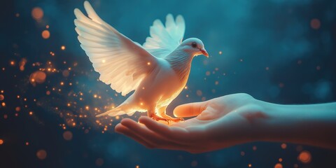 Obraz premium A glowing white dove perched on a hand surrounded by warm orange sparkles, symbolizing peace and hope