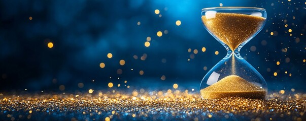 Golden hourglass on glitter, time concept.