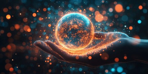 A glowing Earth in hands surrounded by fiery orange sparkles, symbolizing care and global unity