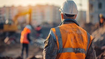 A construction worker clad in a white hard hat and orange safety vest stands On a construction site surrounded by blurred workers and equipment in the background.