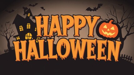 Halloween Themed Graphic: Spooky House, Pumpkins, and Text in Orange Highlights for Festive Celebrations