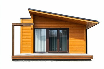 Wooden house, sloped roof, single window, small deck.