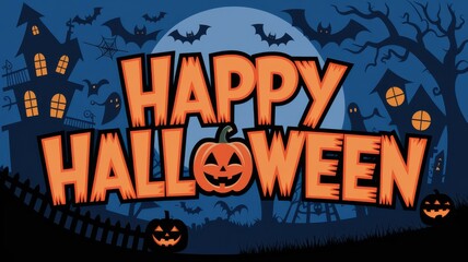 Halloween Graphic: Spooky Scene with Pumpkins, Bats, and Creepy House - Perfect for Holiday Celebrations