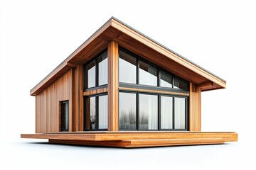 Modern wooden house, large windows, deck.