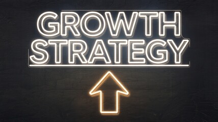 Neon Light Signage: 'Growth Strategy' in Bold Letters, Ideal for Business Presentations and Marketing Materials