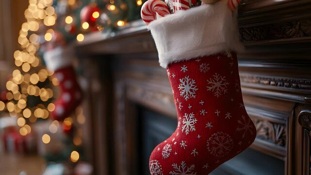 A red Christmas stocking with snowflake pattern hangs on a mantelpiece above a fireplace, filled with candy canes and gifts. A decorated Christmas tree is in the background.