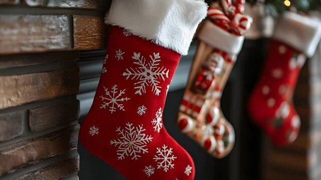 Christmas stockings with snowflake patterns hang from a rustic brick fireplace mantel, adorned with candy canes and twinkling lights. Festive and cozy holiday scene.