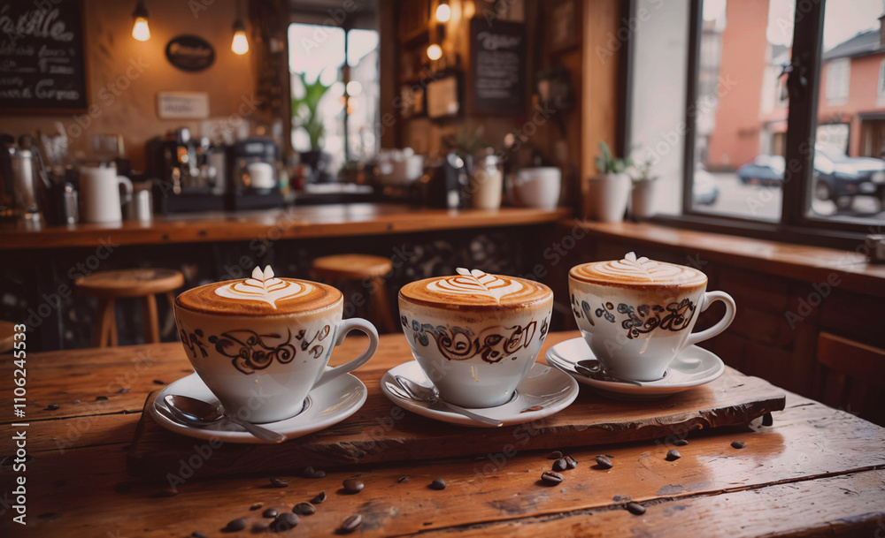 Poster three cups of coffee with a white saucer on a wooden table. the cups are decorated with swirls and t