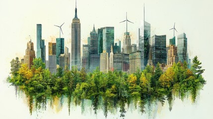 Fototapeta premium Modern Eco-Friendly City Skyline with Wind Turbines and Nature