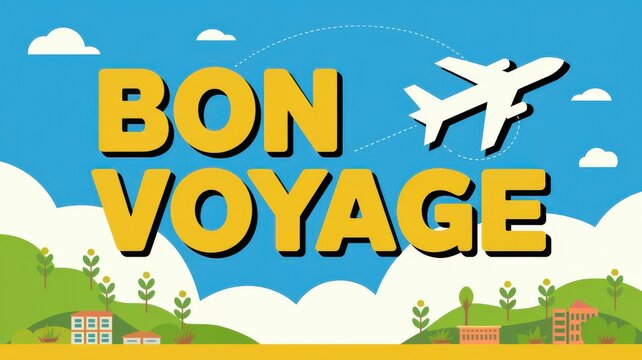 Colorful travel illustration with airplane and 'Bon Voyage' text, ideal for travel promotions and greeting cards. - Powered by Adobe