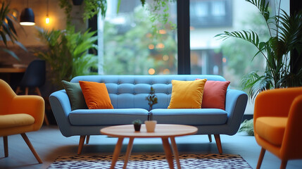 Obraz premium A minimalistic interior featuring a low blue sofa adorned with vibrant orange and yellow cushions, surrounded by greenery and modern decor
