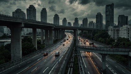 Fototapeta premium Highway overpass in the city on a cloudy day.