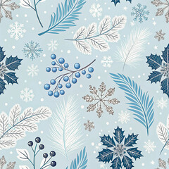 Winter foliage and snowflakes seamless pattern with blue and white leaves