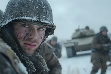WWII European Front Snow-Covered Battlefield with Tanks, Depicting a Harsh Winter Combat Scene of Historical Warfare and Strategy