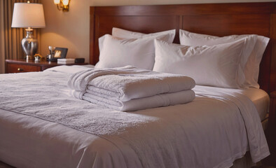 Bed with white sheets and towels on top of it. The towels are folded and stacked on top of each other