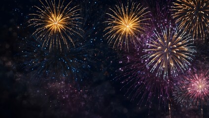 Fototapeta premium Colorful fireworks explode against a dark night sky.