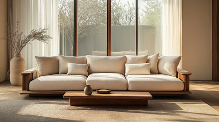 Fototapeta premium A minimalistic interior featuring a spacious sofa with wooden arms, surrounded by natural light and greenery