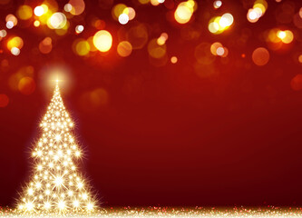 Golden Christmas tree isolated on lights bokeh background.