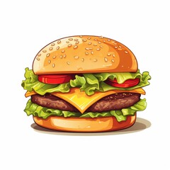 Colorful cartoon-style illustration of a cheeseburger with lettuce, tomato, and beef patty, showcasing vibrant colors on a white background.