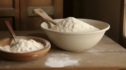 White Flour and Salt in a Bowl with Spoon Ready for Healthy Baking in the Kitchen