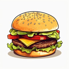 Colorful cartoon-style illustration of a cheeseburger with lettuce, tomato, and beef patty, showcasing vibrant colors on a white background.