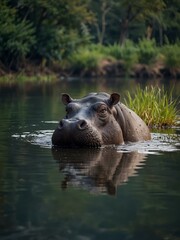 Fototapeta premium Hippo in a calm river, showcasing its peaceful nature.