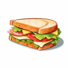Cartoon-style illustration of a sandwich with lettuce, tomato, cucumber, cheese, and deli meat on seeded bread, set against a white background.